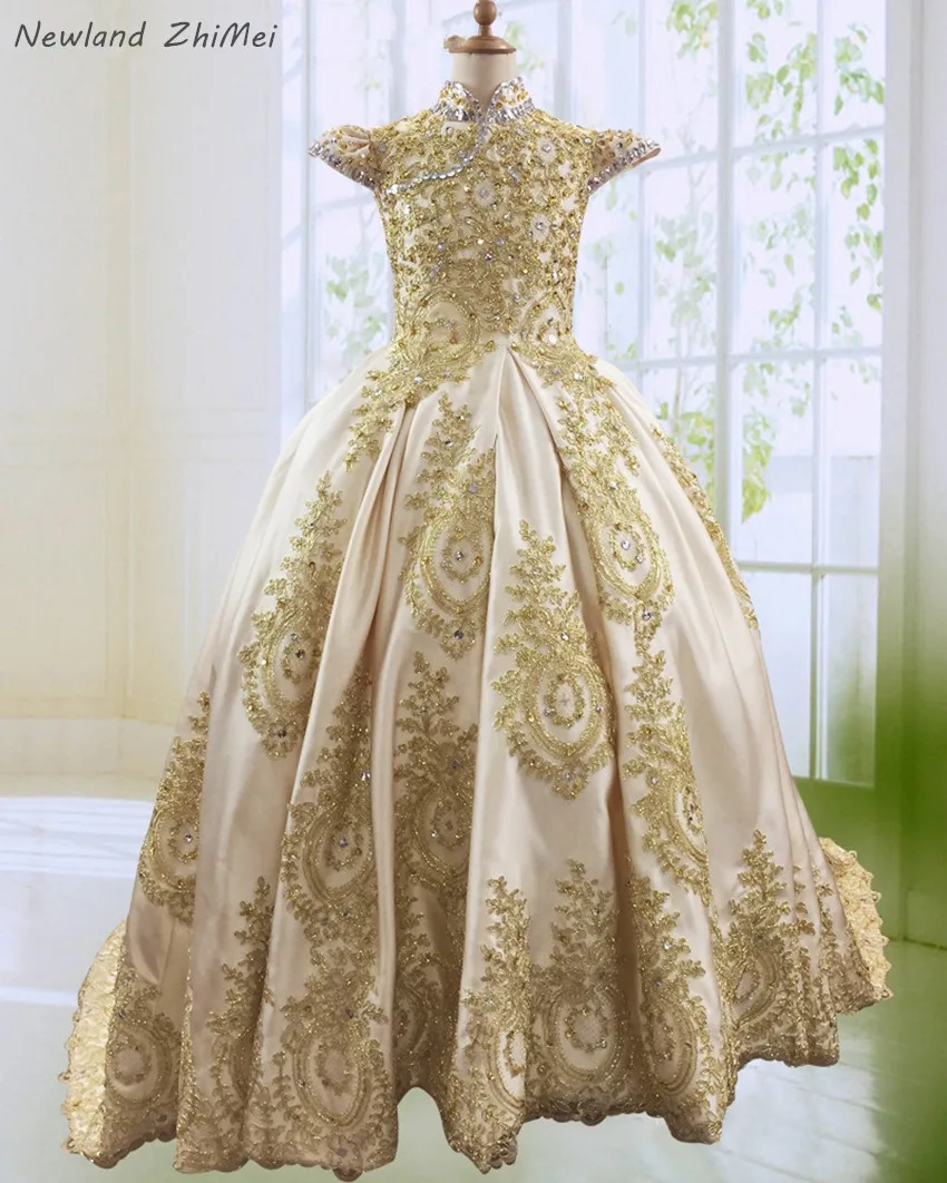 

Newland ZhiMei Beaded Appliques Satin Ball Gown Flower Girl Dress Luxury Gold High Neck Cap Sleeve Long Communion Dress