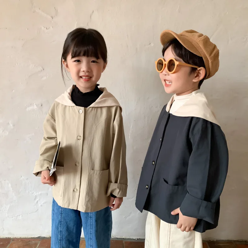 Children's Jacket 2021 Autumn New Korean Style Boys and Girls Plain Large Lapel Coat Solid Color Casual Top | Детская одежда и