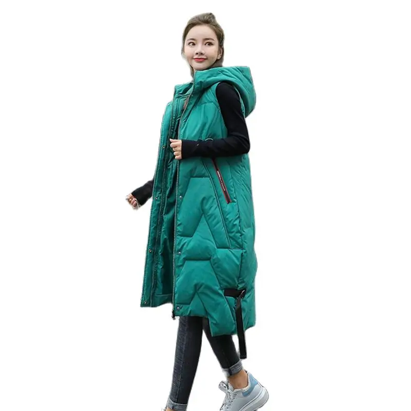 

Overcoat Long Winter Vest Women Hooded Pockets Zipper Padded Ladies Casual Sleeveless Jacket Warm Waistcoat for Female Coats