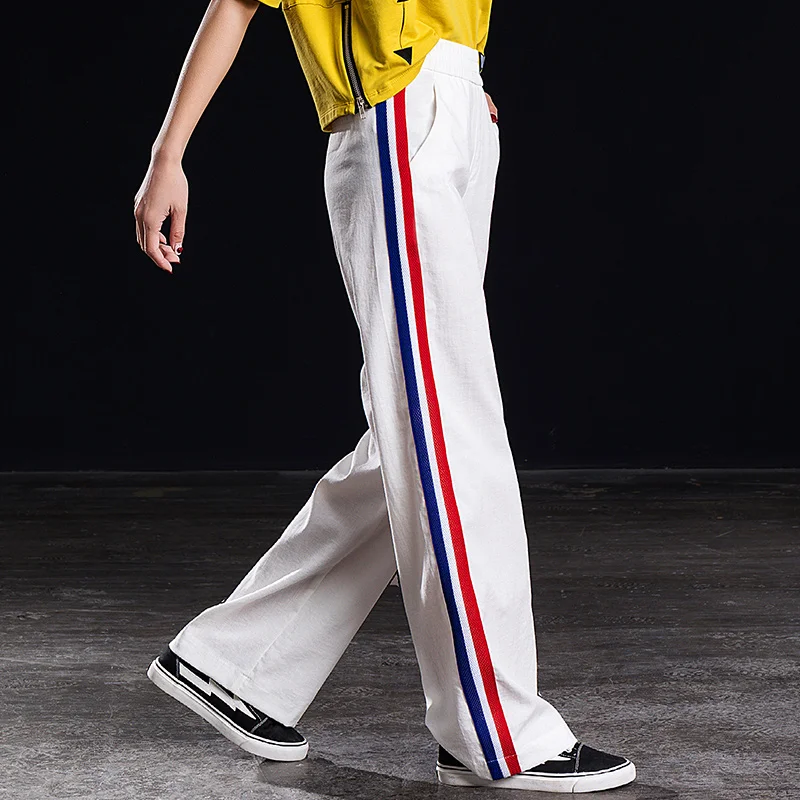 Shangege женские белые боковые полосы высокая эластичная талия широкие ноги модные