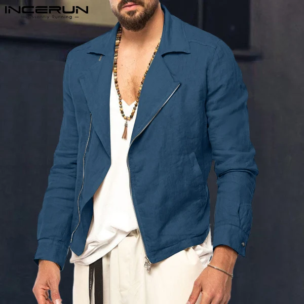 

Куртка INCERUN мужская с отложным воротником, однотонная хлопковая уличная одежда на молнии, модное пальто с длинным рукавом, осень 2021