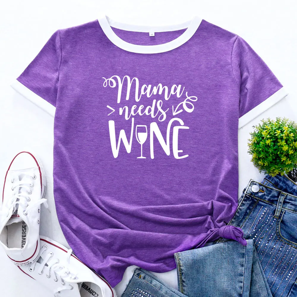 

Mama Needs Wine Womens Colorblock Crewneck Short Shleeve Cotton Blend Summer T-shirts Graphic Tees for Woman Female Print Top