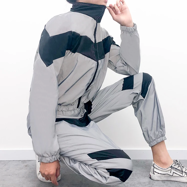 

Autumn Women's Suit Tracksuit Long Sleeve Winter Casual Patchwork Reflective Sport Coat + Reflective Long Pant 2 Pieces