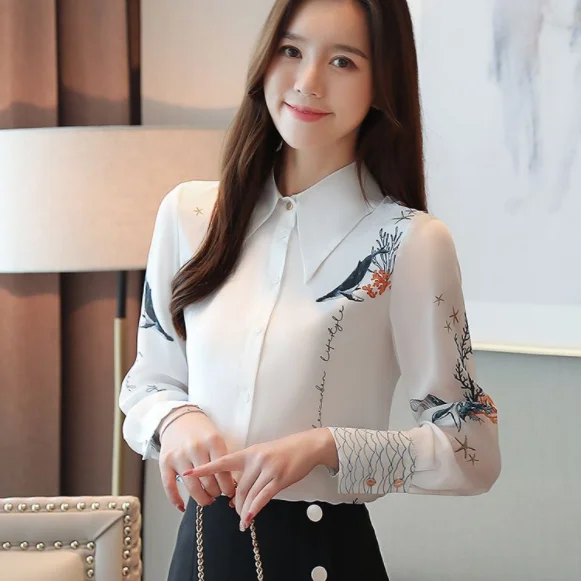 Осенняя женская блузка 2020 женские топы с длинным рукавом белая принтом шифоновая