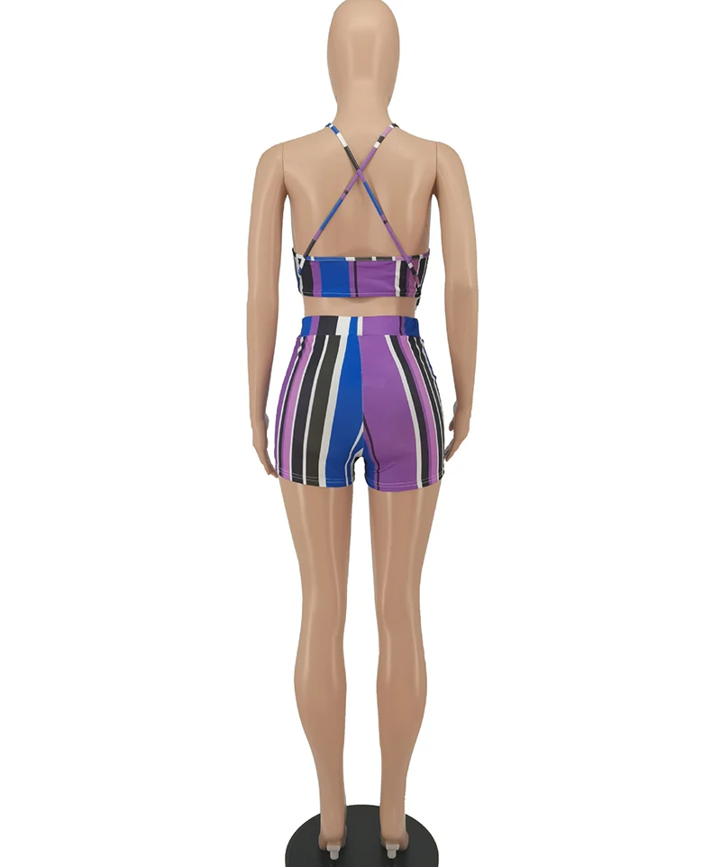

Kricesseen Sexy Print Striped Shorts Set Women Summer Halter Bandage Backless Top And High Waist Shorts Suits Matching Sets