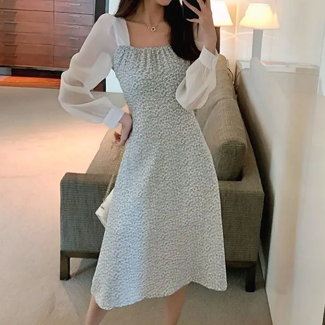 

Милое и элегантное шифоновое платье, лето 2021, женское платье Y2k, повседневное пляжное платье с пышными рукавами, женское платье
