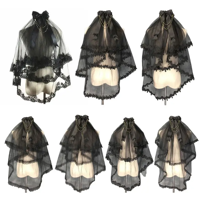 

Фата Женская двухслойная со съемными бусинами, свадебная сетка с гребнем, с цветочным кружевом, черный тюль, для косплея на Хэллоуин