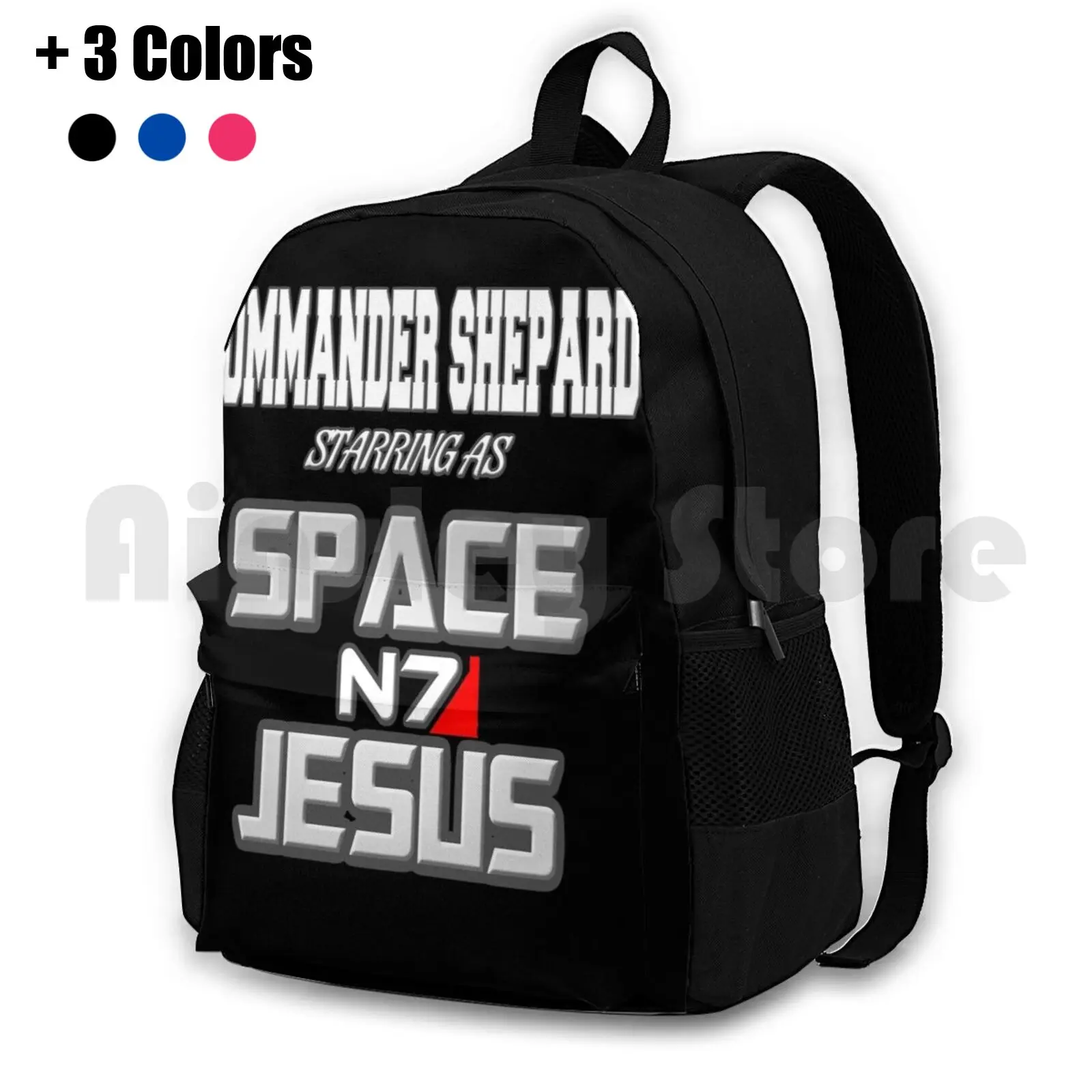 

Commander Shepard Is Space Jesus Outdoor Hiking Backpack Waterproof Camping Travel Mass Effect Gaming N7 Garrus Andromeda Video