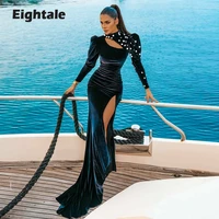 eightale arabic evening dress high neck beaded long sleeves high side split velvet mermaid prom gown celebrity party dress 2021