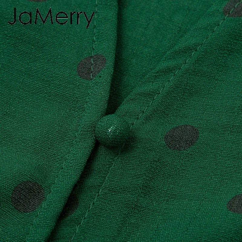 JaMerry винтажные элегантные пуговицы в Горошек женский Печатный принт блузка рубашка рюшами фонарь рукав зеленый топ Осень Зима повседневные блузки