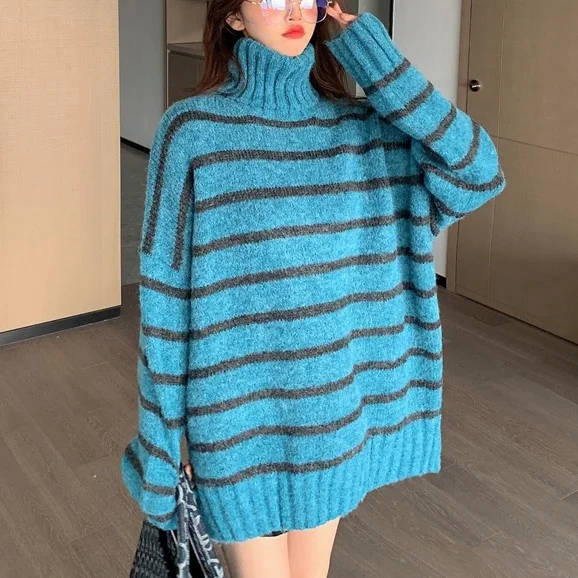 

Женский свитер, Осень-зима 2021, свободная мягкая удобная водолазка в полоску в Корейском стиле оверсайз, милый свитер, пуловер для женщин