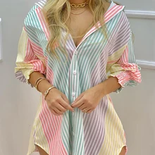 Vestido corto informal de manga larga con botones para mujer, minivestido Sexy fruncido con estampado Irregular, para fiesta y playa, 2021 (2)
