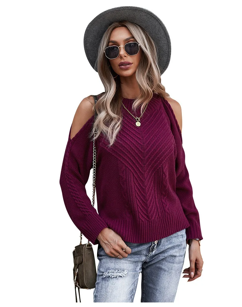 

Pull-over manches longues et paules dnudes pour femme, haut tricot pais, dcontract, couleur unie, assorti avec tout, no