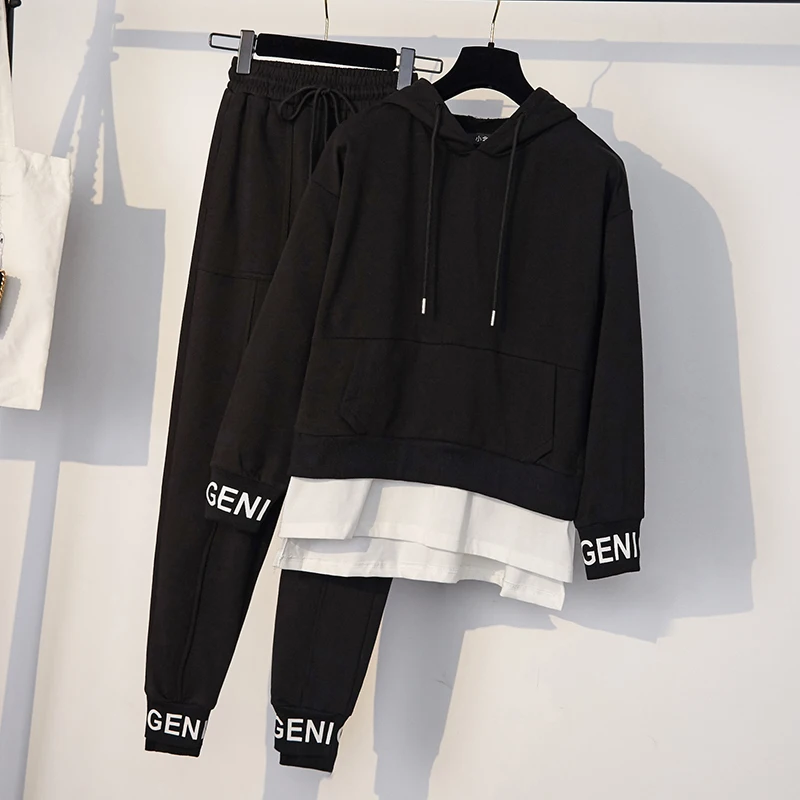 Большой размер Женская толстовка с капюшоном + повседневные штаны эластичной