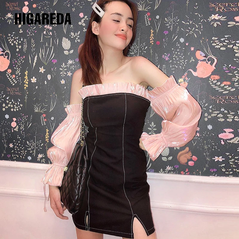 

2020 Long Puff Sleeve Ruffles Patchwork Tube Sexy Slit Mini Dress Autumn Winter Women Streetwear Party Club Outfits