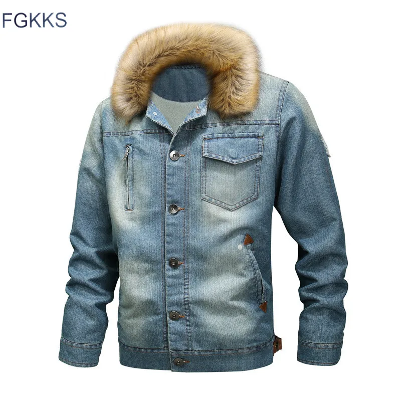 FGKKS мужские потертые джинсовые куртки Осень Зима Новая мужская джинсовая куртка