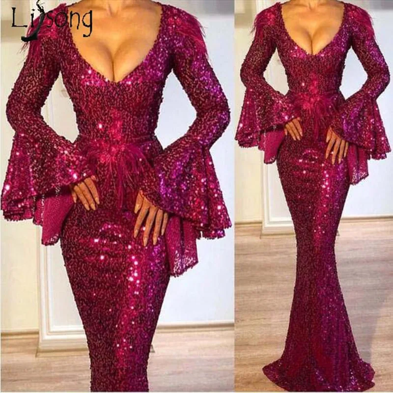 

Modest Mermaid Prom Party Dresses Sexy Deep V neck Dubai Sequined Evening Gown 2019 Long Sleeves Celebrity Party Gown Vestidos
