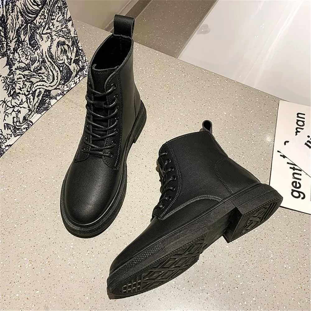 Ankle Boots Women Fashion Leather Lace-Up Round Toe Lady Square Heel Motorcycle Booties Autumn Platform Shoes Beige Black 35-40