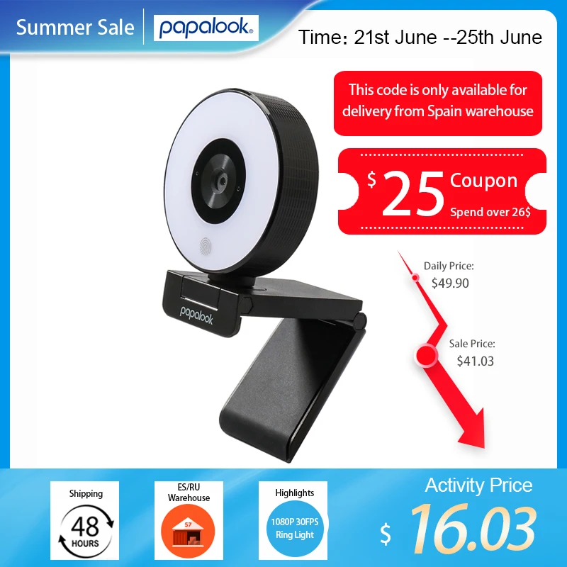 Веб камера PAPALOOK для прямой трансляции с кольцесветильник кой FHD 1080P 30 кадров в