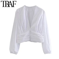 traf women fashion decorative buttons pleated cropped blouses vintage long sleeve side zipper female shirts chic tops