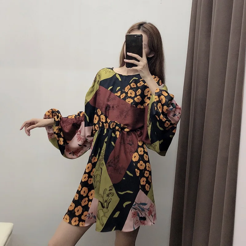 Винтажное женское платье осень 2019 новые модные цветочные принты Пэчворк Выше