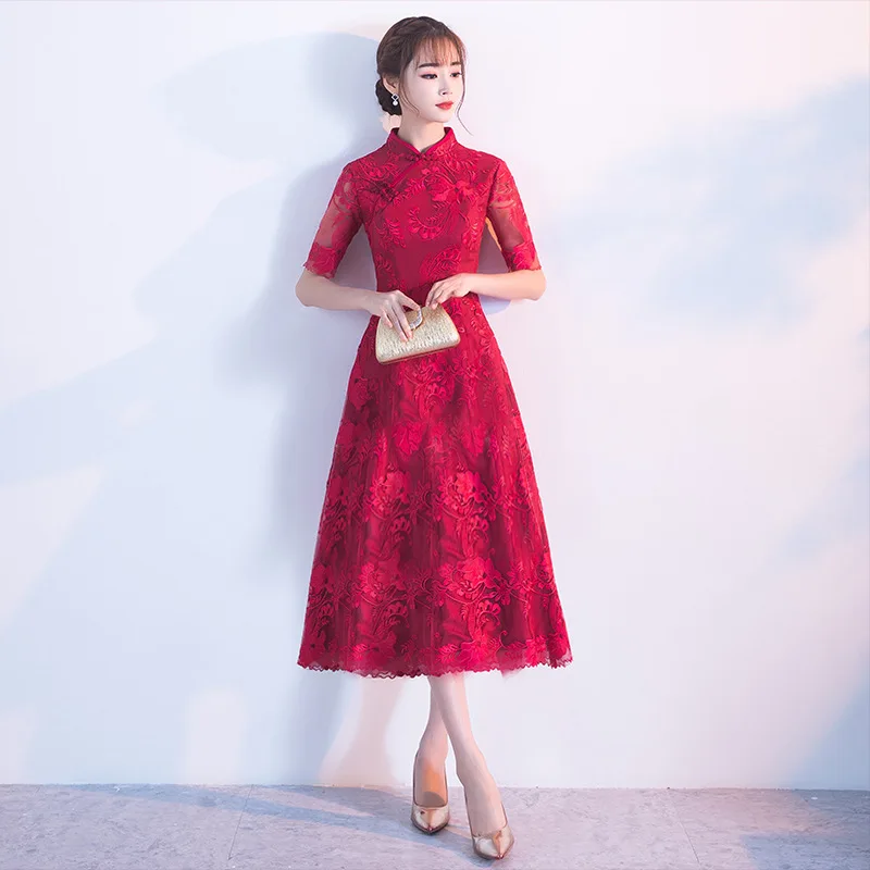 

Red Women Embroidery Party Dress Fashion Wedding Banquet Bride Chinese style Mandarin Collar Elegant Gown Vestido XS-XXL