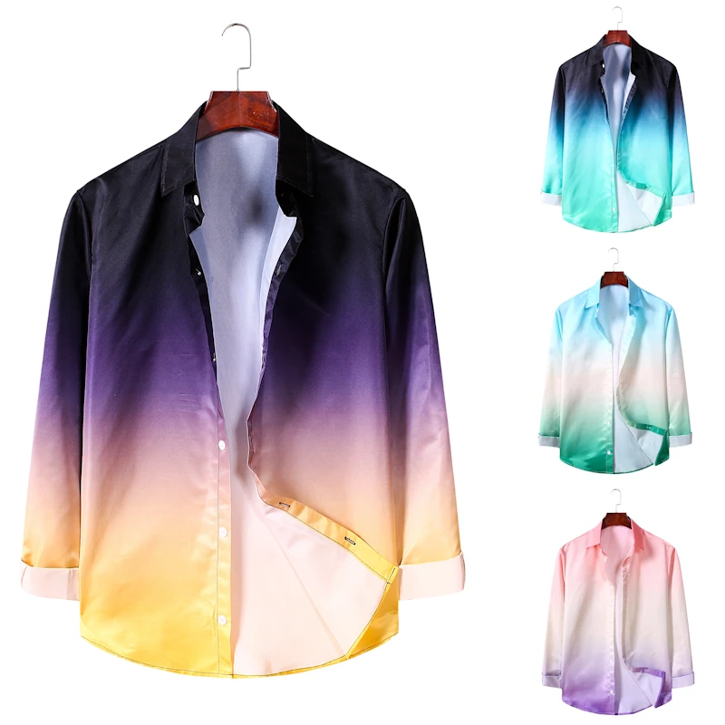 

Mens Beach Shirts camisa Gradient Loose Male Shirt Casual Long Sleeve Turn-Down Collar Thin Hawaiian Shirt Men camisa masculina