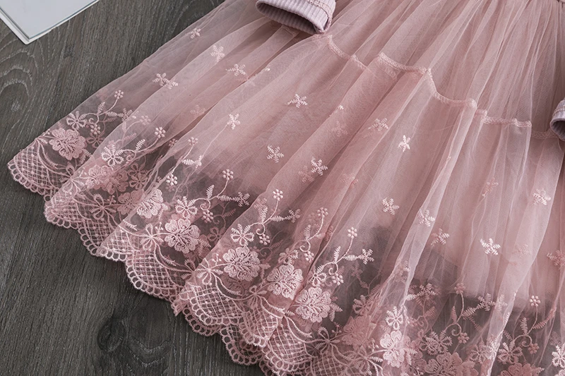 

New Dress Girls Kids Children Clothing Lace Mesh Solid Floral Printed Casual O-Neck Princess Long Sleeve Dress Girls Dresses