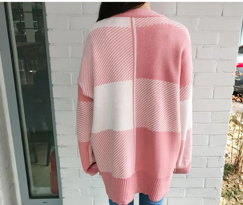 JSXDHK Autumn Winter Women's Cardigans New 2020 Fashion Sweet Single Breasted V Neck Knitting Plaid Pink Loose Sweater Coat |