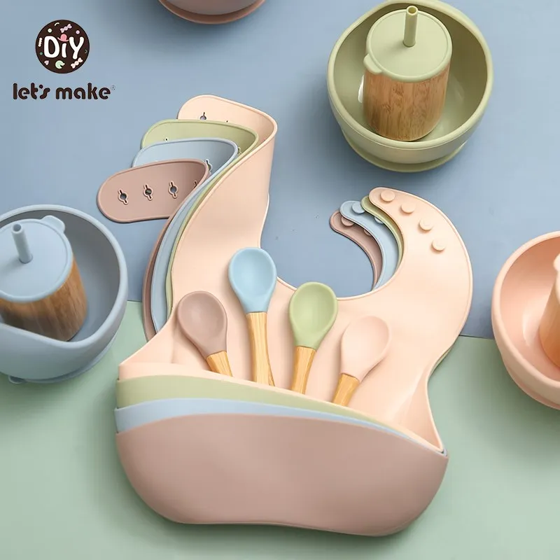 

Let's Make 4PCS Baby Feeding Tableware BPA Free Food Grade Silicone Bowl Bib Baby Feeding Supplies Bamboo Cup Tableware Gift Set