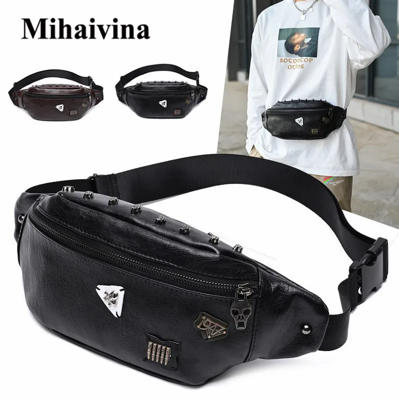 

Mihaivina Fanny Pack Men's Chest Bag Punk Skull Rivet Waist Belt Bags PU Leather Shoulder Bag Unisex Bum Hip Bags Wholesale