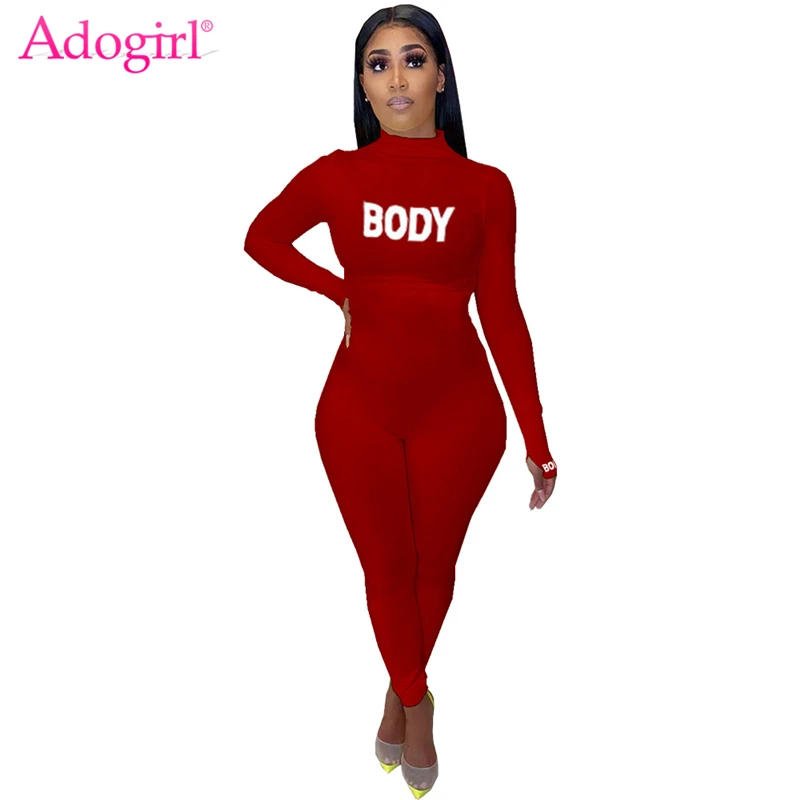 

Женский Повседневный Комбинезон Adogirl, Облегающий комбинезон с длинным рукавом и высоким воротником, с буквенным принтом, модная одежда