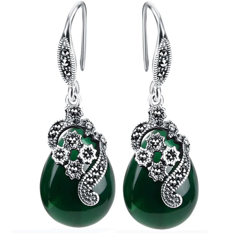 

Green jade &Red onyx gemstone drop earrings women Thai silver color dangle emerald ruby stone vintage jewelry bijoux party gift