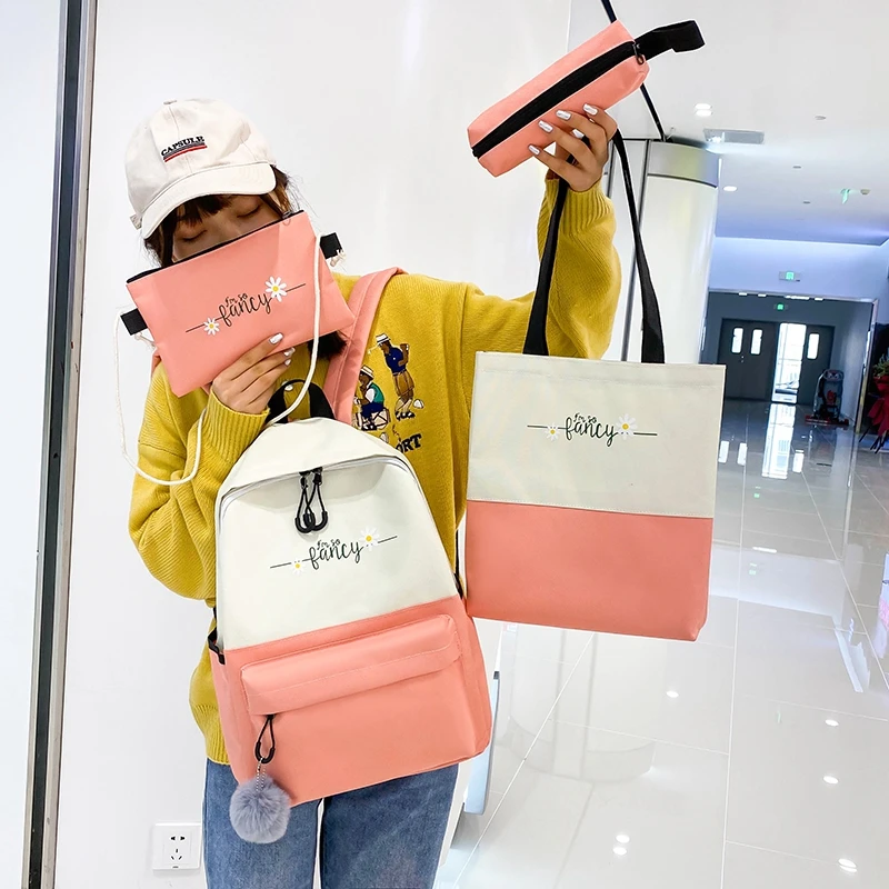 

4 Piece Set Canvas Women Backpack School Bag For Teenage Girls 15.6 Laptop Rucksack Female Shoulder Bag Mochilas Para Mujer