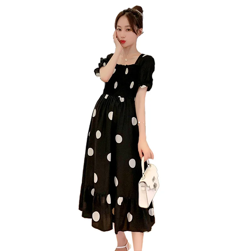 

9398# 2021 Summer Korean Fashion Maternity Long Dress Elegant A Line Clothes for Pregnant Women Sweet Polka Dot Pregnancy