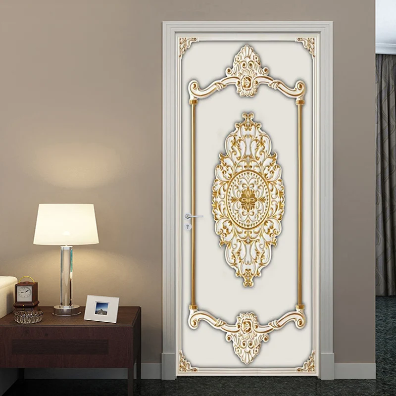 

Self-Adhesive Door Sticker 3D Stereo Gold Gypsum Pattern Wallpaper European Style Living Room Bedroom Door Stickers 3D Painting