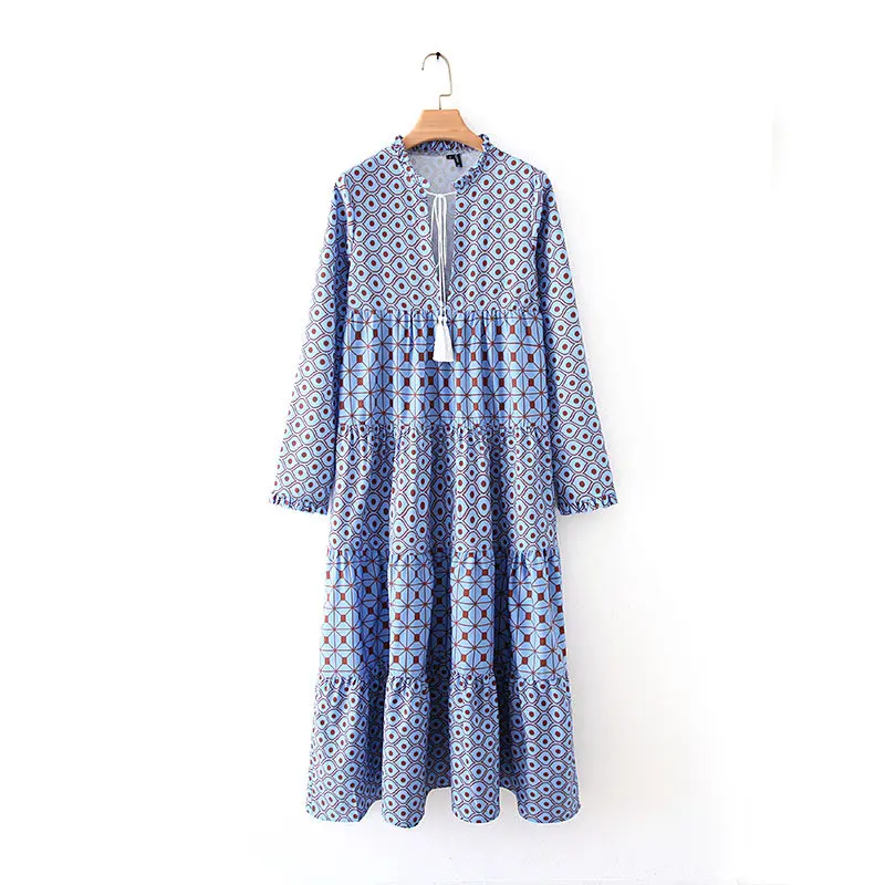 Женское винтажное длинное платье в стиле бохо с геометрическим принтом