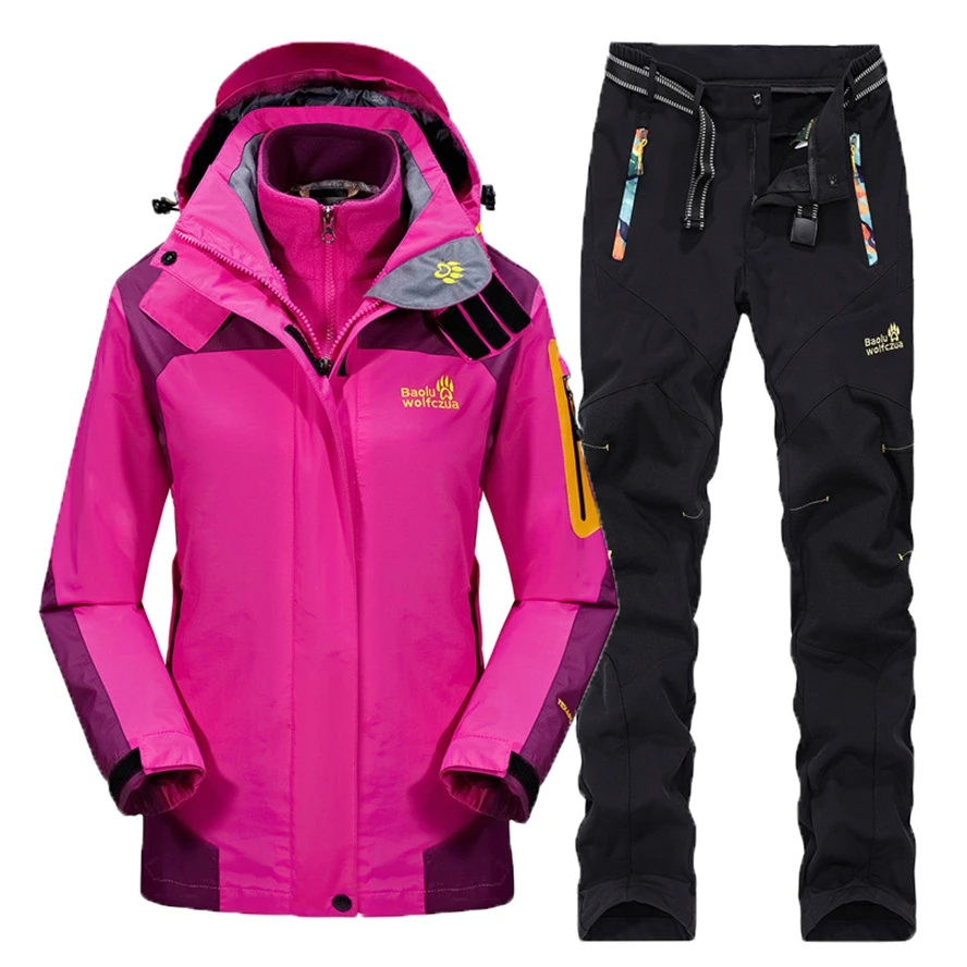 3-in-1 Set Winter Women Hiking Jacket Pants Thermal Waterproof Windproof Coat Fishing Hunting Ski Suit Outdoor Sports Tracksuit