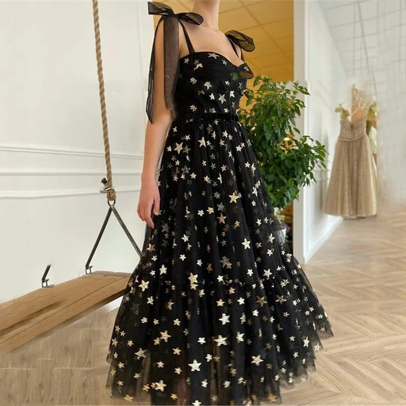 

Новинка блестящие золотые Звездные тюлевые черные платья для выпускного вечера 2021 вечернее платье до щиколотки на бретельках Вечерние пла...