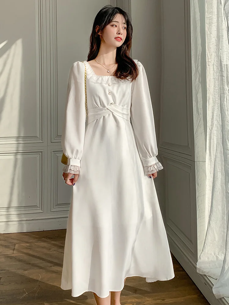 

Elegant Dress Fairy Spring And Autumn Long Sleeved Square Neck Close Waist Show Thin French Temperament Fairy Winter Dress