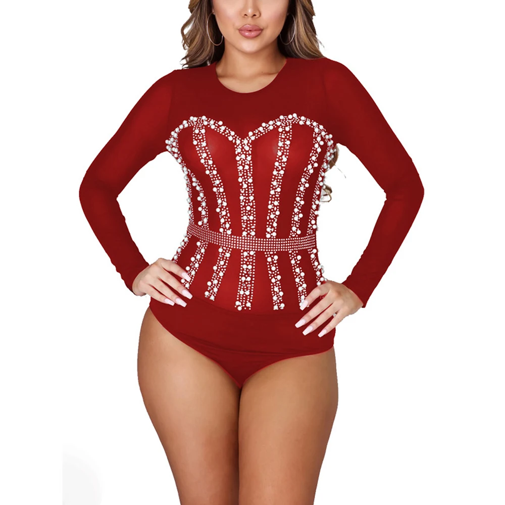 

LIVA GIRL Sexy Studded Diamonds Nail Bubble Long Sleeve Bodysuit Woman 2021 Solid Plus Size Jumpsuit Female Body Tops Romper 2XL