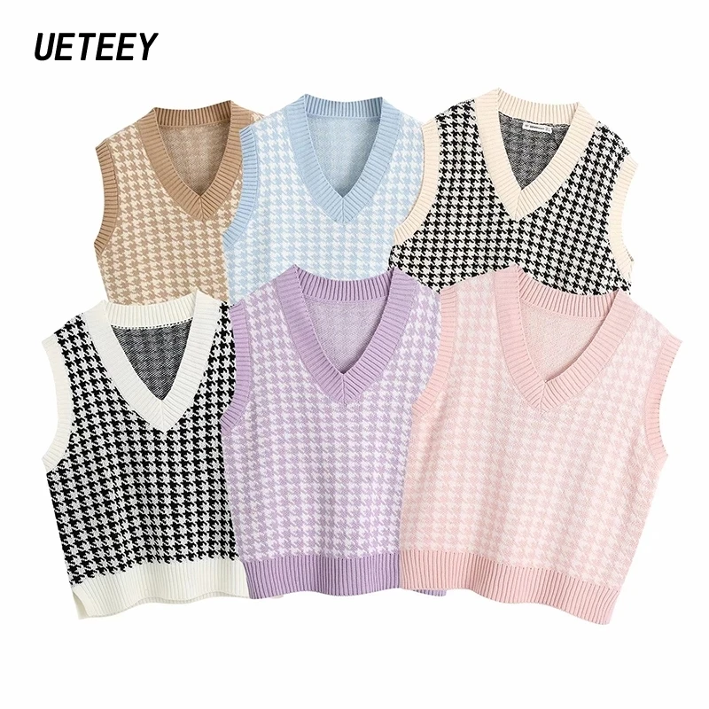 

Women's Houndstooth Sweater Vest V-neck Sleevesless Knitted Pullovers Jumper Female Vintage Plaid Knitwear Za 2020 Autumn Winter
