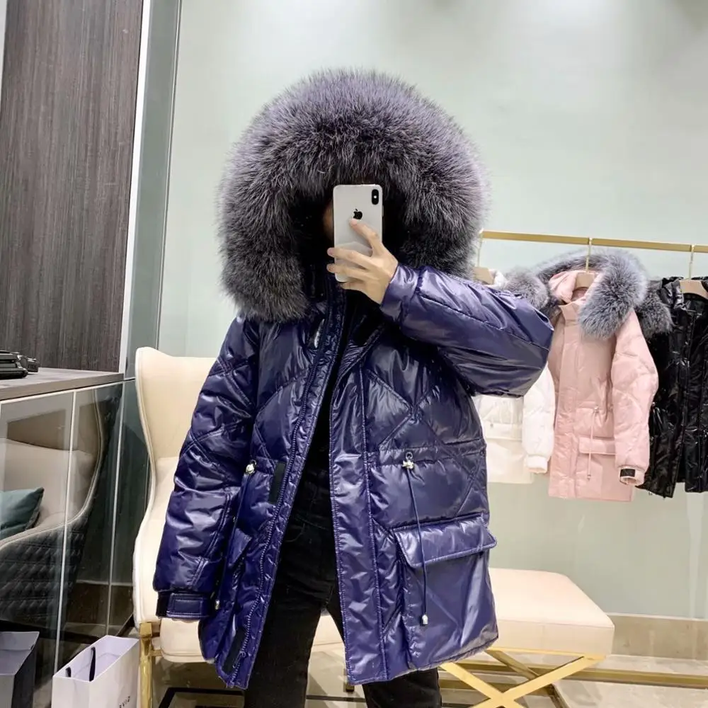 Большой натуральный мех, новинка, зимняя женская куртка, 90% белый утиный пух, пуховик с капюшоном, верхняя одежда, Свободный теплый плотный пуховик, парка