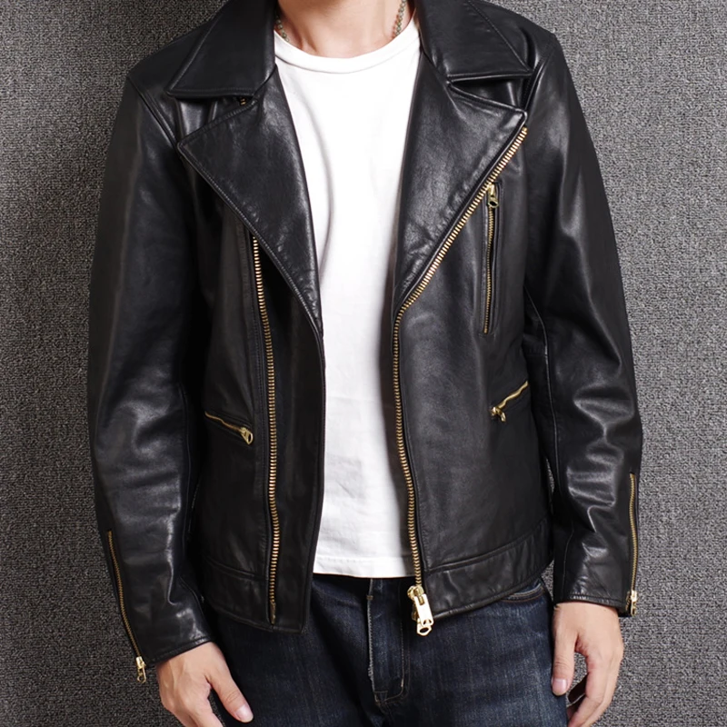 Мужская кожаная куртка из овчины в японском стиле с отворотом | одежда