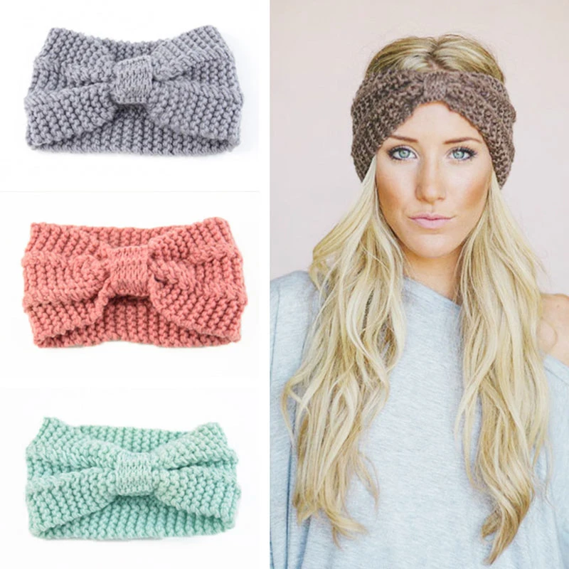 

Winter Bow Crochet Knitted Headband Adult Ear Warmer Soft Wide Stretch Headwrap Women Female Elastic Hair Bands Hair Accessories