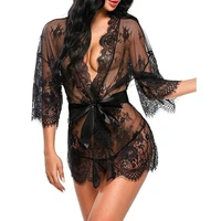 sexy fashion lingerie new black lace floral ruffles robe see through large size v neck nightdress erotic allure pajamas