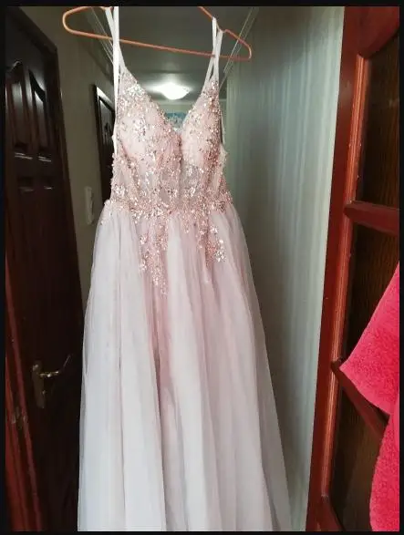 

Pink Beaded Prom Dresses Plus Size 2020 Long Elegant See Through A Line Split Tulle V Neck Spaghetti Strap Evening Gown