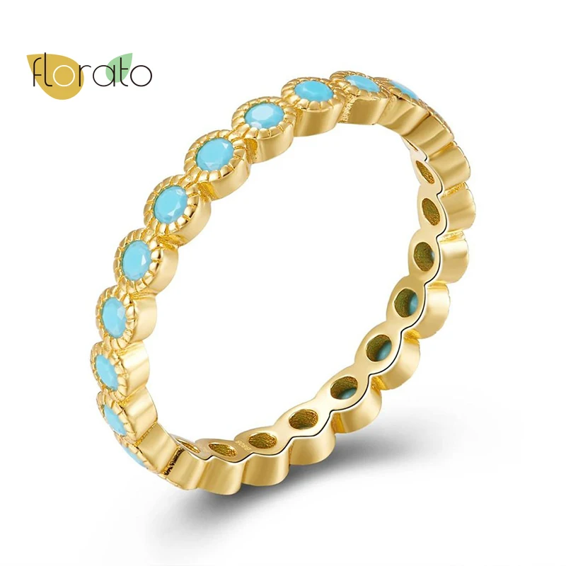 

Real 925 Sterling Silver Turquoise CZ Stackable Ring Trendy Gold Color Finger Rings For Women Female Wedding Statement Jewelry