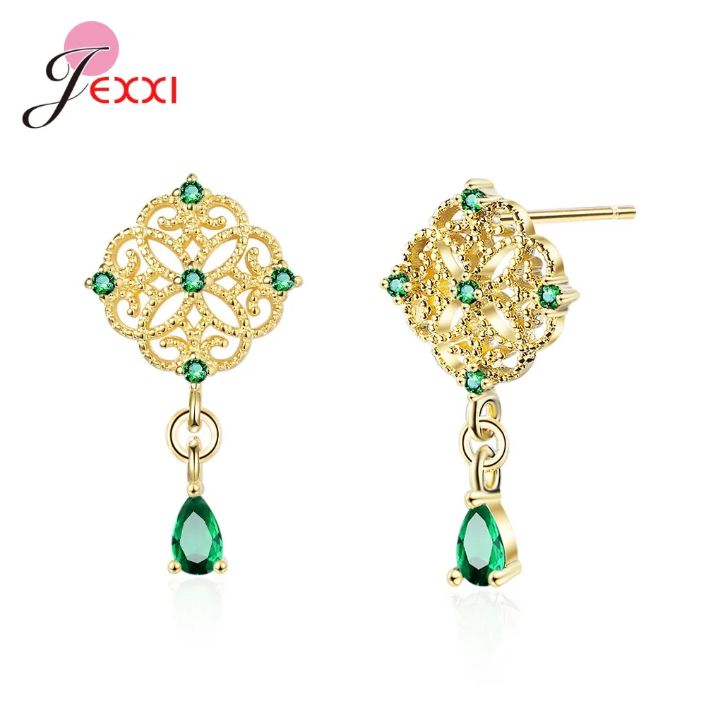 

Vintage 925 Sterling Silver Palace Chinese Style Rose Flower Green Zircon Water Drop Tassel Earrings For Women Girl Fine Jewelry