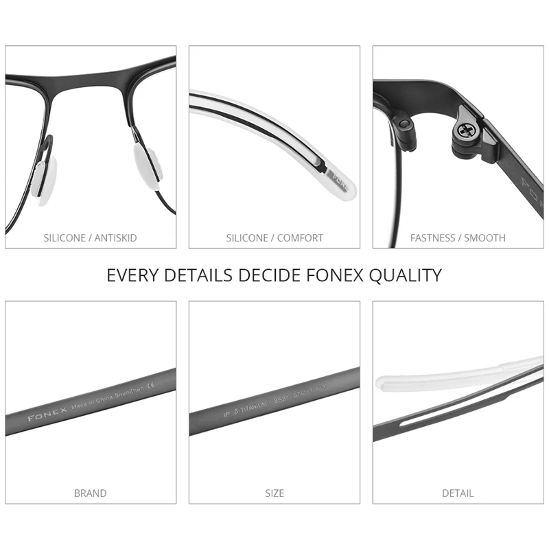 FONEX Pure Titanium Glasses Frame Men Square Myopia Optical Prescription Eyeglass Frame Man 2020 Antiskid Silicone Eyewear 8521